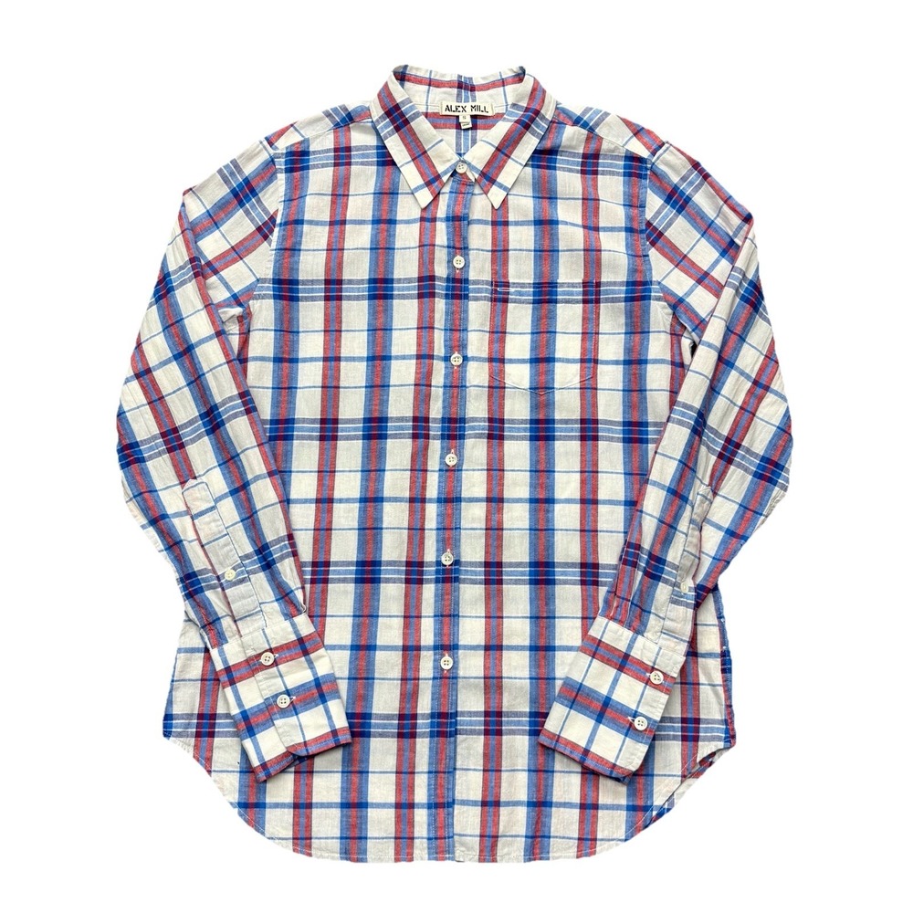Alex‎ Mill Shirt Mens S Plaid Cotton Linen Blend Button Down Red White Blue